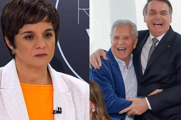 Vera Magalhães de blazer, com semblante sério durante entrevista no Roda Viva; Carlos ALberto de Nóbrega sorrindo, abraçando Bolsonaro