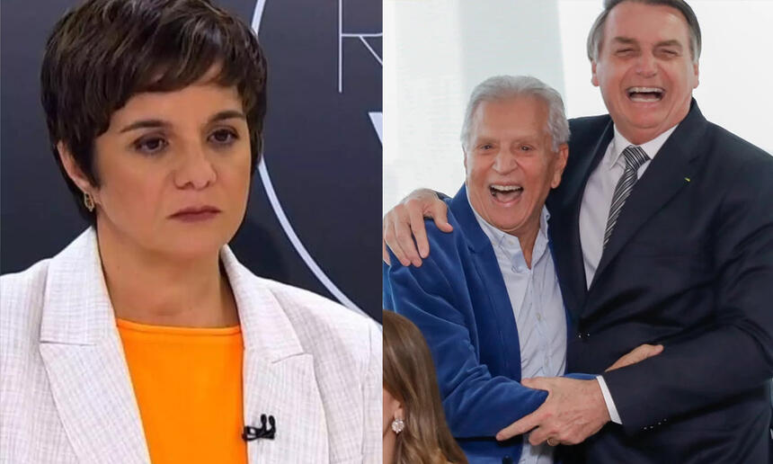 Vera Magalhães de blazer, com semblante sério durante entrevista no Roda Viva; Carlos ALberto de Nóbrega sorrindo, abraçando Bolsonaro