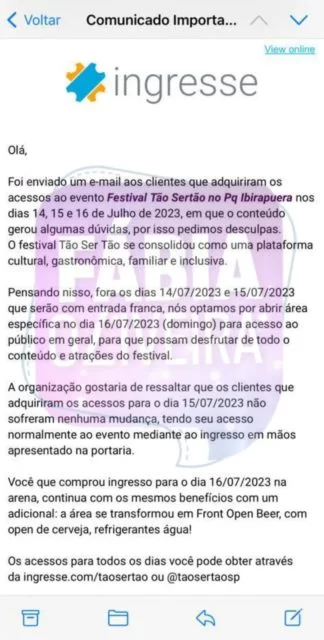 Informação sobre as mudanças no local do Festival Tão Ser Tão