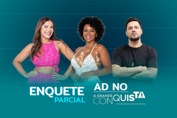 Thiago Servo, Gyselle Soares e Natália Deodato na arte de divulgação da enquete do A Grande Conquista