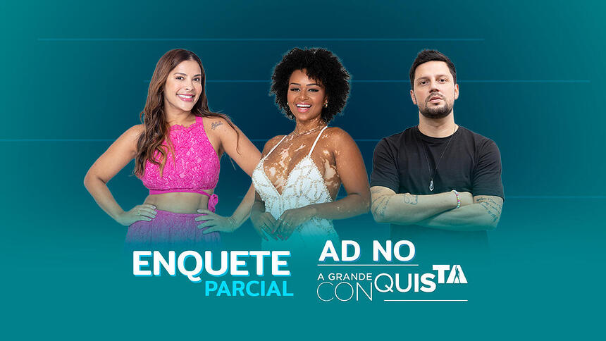 Thiago Servo, Gyselle Soares e Natália Deodato na arte de divulgação da enquete do A Grande Conquista