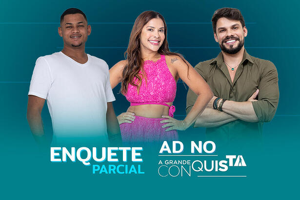 Gabriel Roza, Gyselle Soares e Alexandre Suita na arte de divulgação da enquete do A Grande Conquista