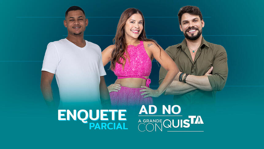 Gabriel Roza, Gyselle Soares e Alexandre Suita na arte de divulgação da enquete do A Grande Conquista