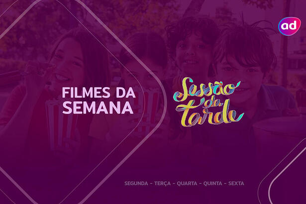 Arte dos filmes da semana da Sessão da Tarde, ao fundo cena do filme Turma da Mônica - Laços