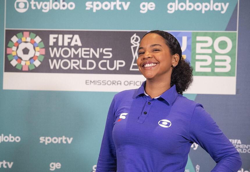 Denise Thomaz Bastos na apresentação da equipe da TV Globo para a transmissão da Copa do Mundo Feminina