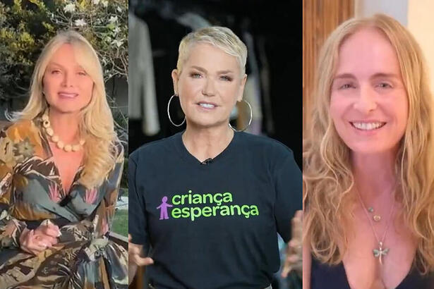 Montagem: na primeira imagem Eliana grava depoimento para o Jornal Nacional. Na segunda, Xuxa grava reportagem para o telejornal e na terceira imagem, Angélica grava vídeo de divulgação para o Criança Esperança