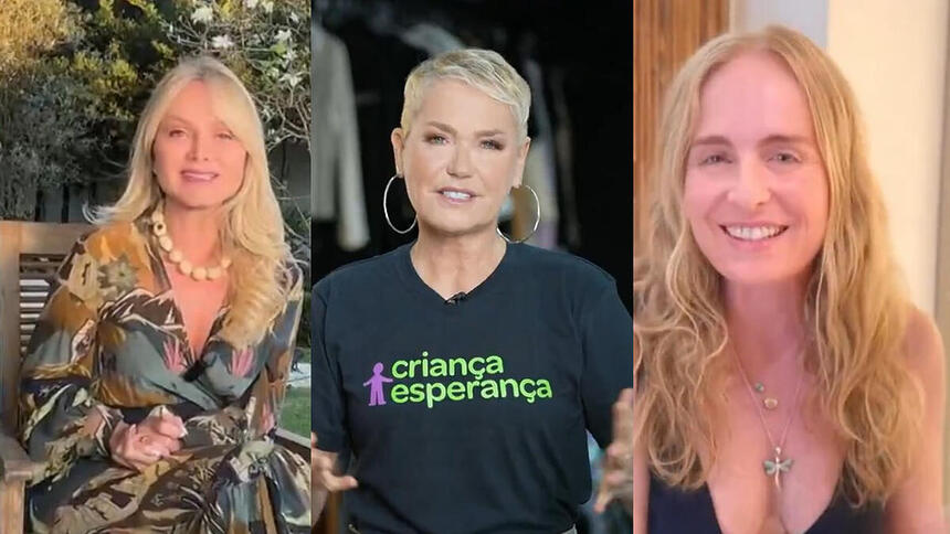 Montagem: na primeira imagem Eliana grava depoimento para o Jornal Nacional. Na segunda, Xuxa grava reportagem para o telejornal e na terceira imagem, Angélica grava vídeo de divulgação para o Criança Esperança