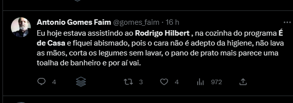 Comentário do Twitter contra Rodrigo Hilbert, contendo o mesmo texto do parágrafo anterior.