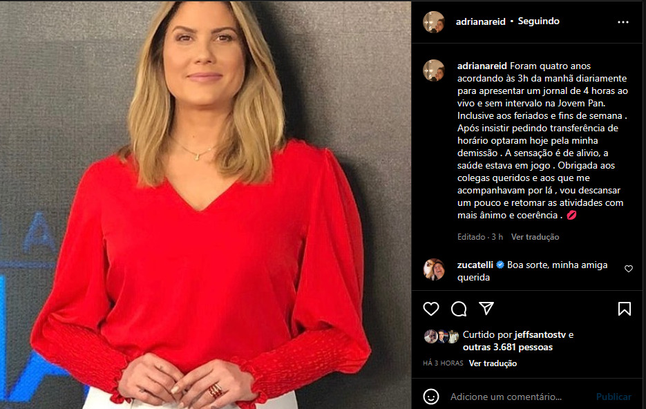 Relato da jornalista Adriana Reid no Instagram, após ser demitida da Jovem Pan