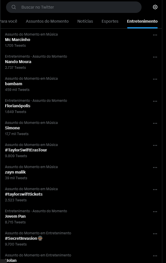 Assuntos do momento do Twitter, aba entretenimento, na manhã desta quarta-feira, 12/07/2023