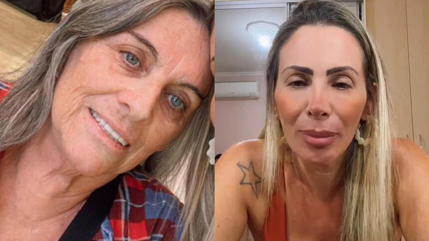 Montagem com Anita, mãe de Faby Monarca e a filha ao lado chorando