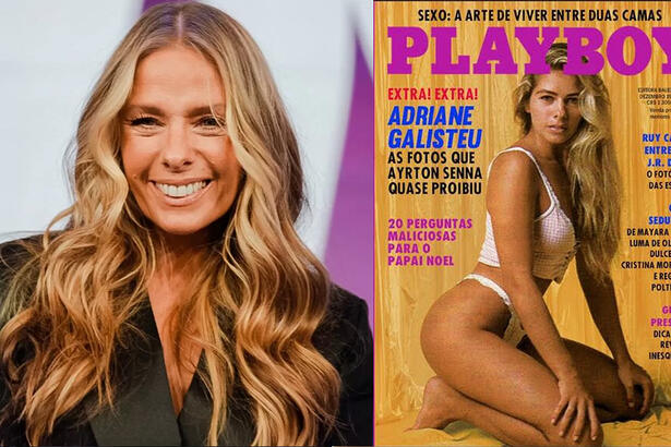 Imagem 1: Adriane Galisteu sorrindo, de blazer verde, cabelo solto, ondulado, durante gravação na Record TV; Imagem 2: Adiante Galisteu de lingerie branca, com as mãos no joelho, durante ensaio sensual para a Playboy