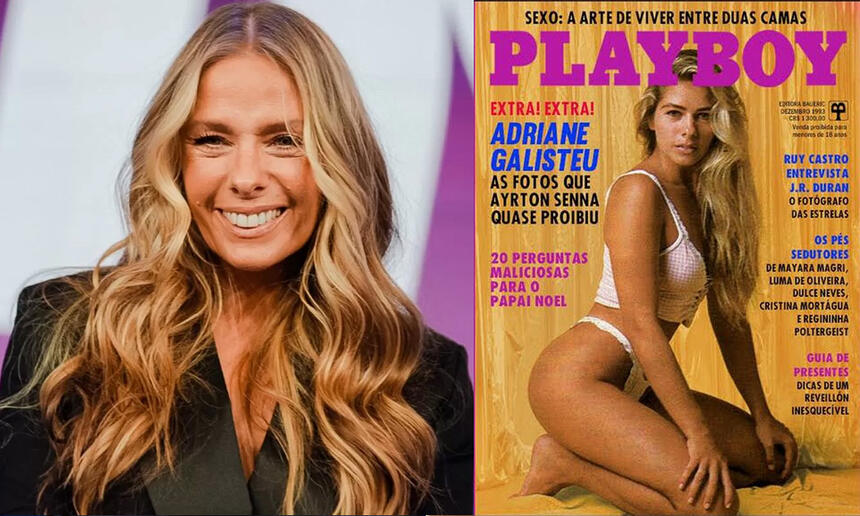 Imagem 1: Adriane Galisteu sorrindo, de blazer verde, cabelo solto, ondulado, durante gravação na Record TV; Imagem 2: Adiante Galisteu de lingerie branca, com as mãos no joelho, durante ensaio sensual para a Playboy