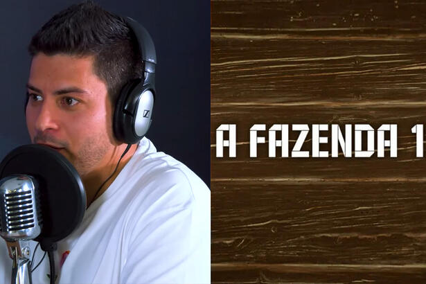 Arthur Aguiar de camisa branca, fone de ouvido, sentado durante entrevista em podcast; logo de A Fazenda 15