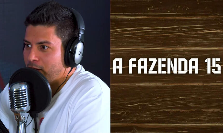 Arthur Aguiar de camisa branca, fone de ouvido, sentado durante entrevista em podcast; logo de A Fazenda 15