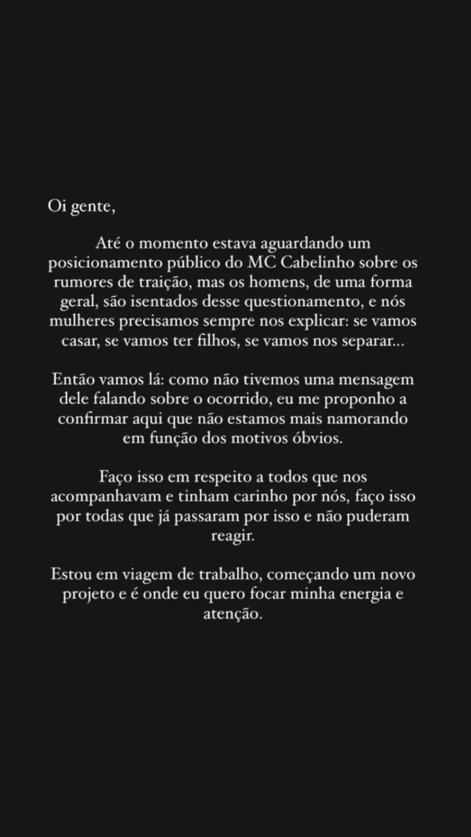 Nota de Bella Campos sobre o término com MC Cabelinho