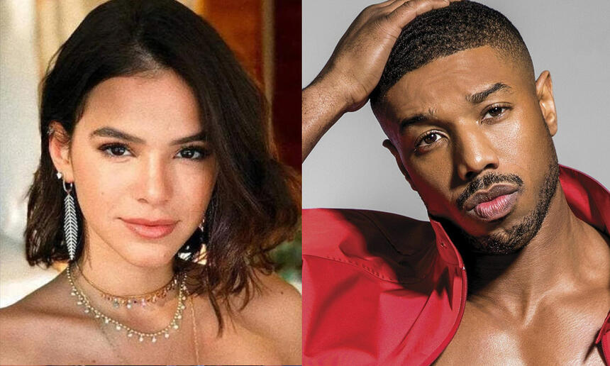 Bruna Marquezine de cabelo curto, com rosto sensual durante ensaio fotográfico; Michael B Jordan de jaqueta vermelha, com a mão na cabeça durante ensaio fotográfico para revista