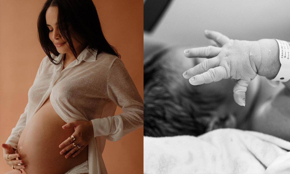 Imagem 1: Carol Macedo de camisa social branca, coma cabeça baixa, com a mão na barriga durante ensaio fotográfico; Imagem 2: Bebê com a mão no rosto, deitado, na maca na sala de parto
