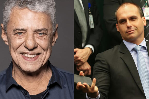 Imagem 1: Chico Buarque sorrindo, de camisa pretsa durante ensaio fotográfico; Imagem 2: Eduardo Bolsonaro esbanjando tristeza, sentado no congresso