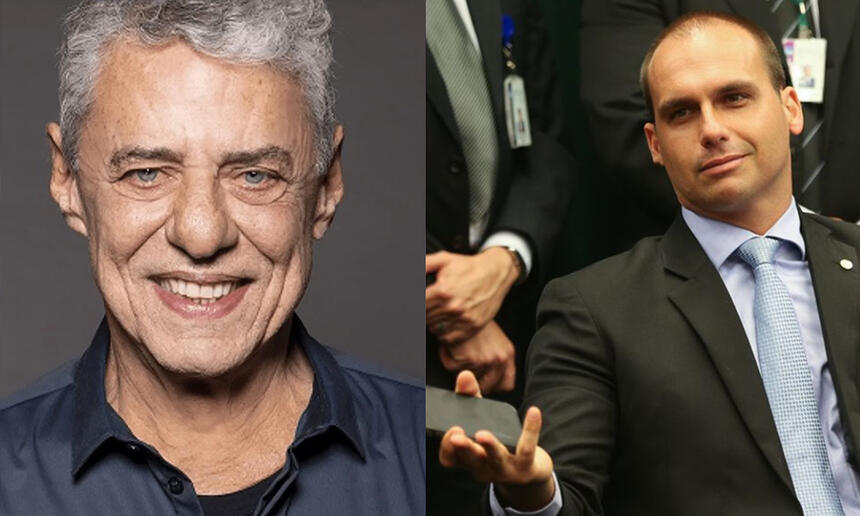 Imagem 1: Chico Buarque sorrindo, de camisa pretsa durante ensaio fotográfico; Imagem 2: Eduardo Bolsonaro esbanjando tristeza, sentado no congresso