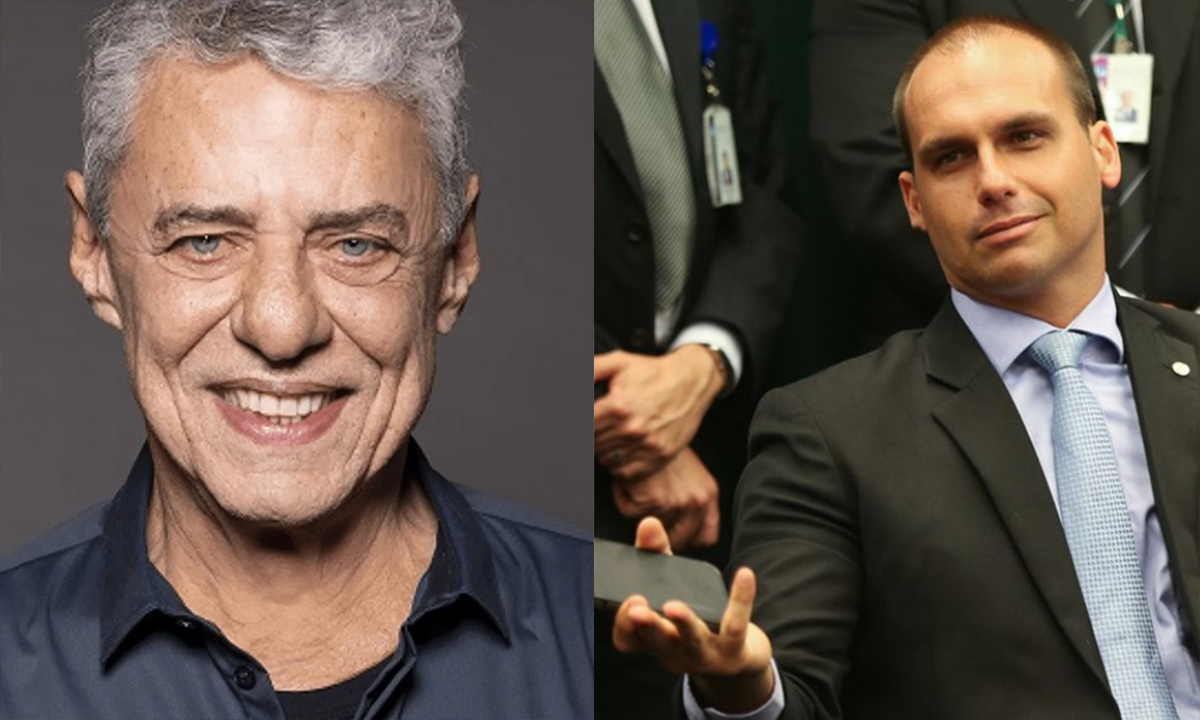 Imagem 1: Chico Buarque sorrindo, de camisa pretsa durante ensaio fotográfico; Imagem 2: Eduardo Bolsonaro esbanjando tristeza, sentado no congresso