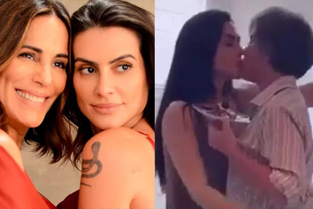 Gloria e Cleo Pires abraçadas, sorrindo, durante ensaio fotográfico para campanha publicitária; Imagem 2: Cleo Pires dando selinho em Gloria Pires