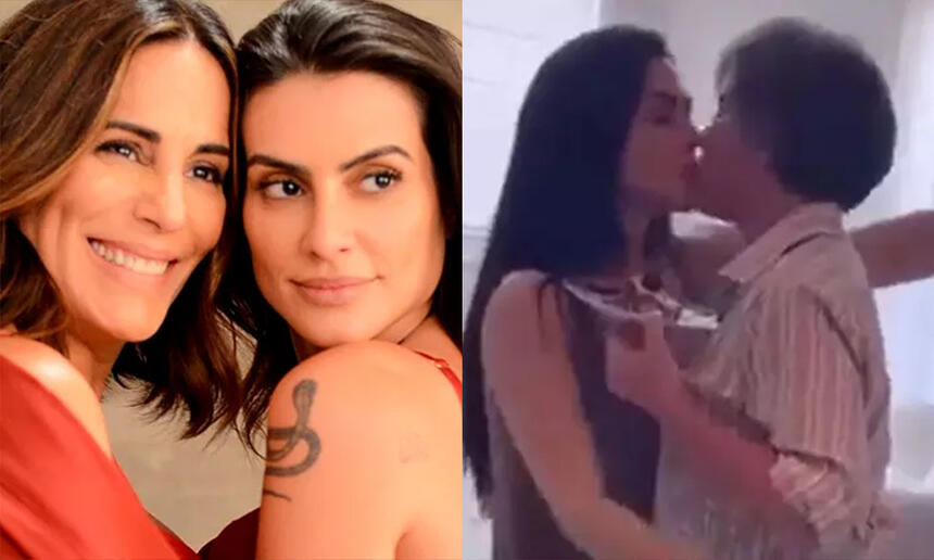 Gloria e Cleo Pires abraçadas, sorrindo, durante ensaio fotográfico para campanha publicitária; Imagem 2: Cleo Pires dando selinho em Gloria Pires