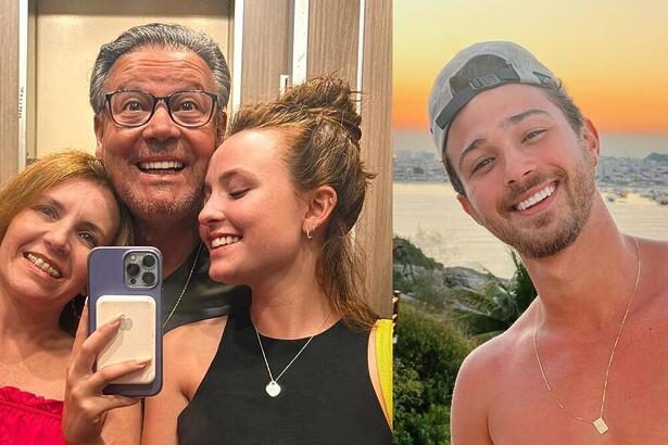 Imagem 1: Larissa Manoela ao lado dos pais no elevador; Imagem 2: André Luiz Frambach sorrindo, sem camisa