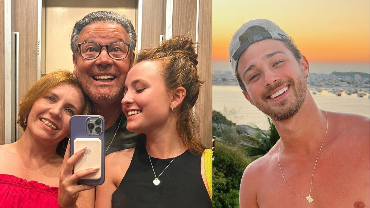 Imagem 1: Larissa Manoela ao lado dos pais no elevador; Imagem 2: André Luiz Frambach sorrindo, sem camisa