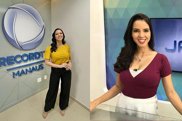 Imagem 1: Larissa Santiago sorrindo, de camisa amarela e calça preta, em pé, ao lado da logo da Record TV durante visita nos estúdios da emissora; Imagem 2: Larissa Santiago sorrindo, de camisa roxa e calça branca na bancada do JAM1, da TV Globo