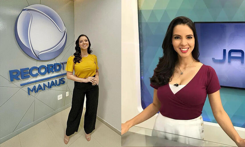 Imagem 1: Larissa Santiago sorrindo, de camisa amarela e calça preta, em pé, ao lado da logo da Record TV durante visita nos estúdios da emissora; Imagem 2: Larissa Santiago sorrindo, de camisa roxa e calça branca na bancada do JAM1, da TV Globo