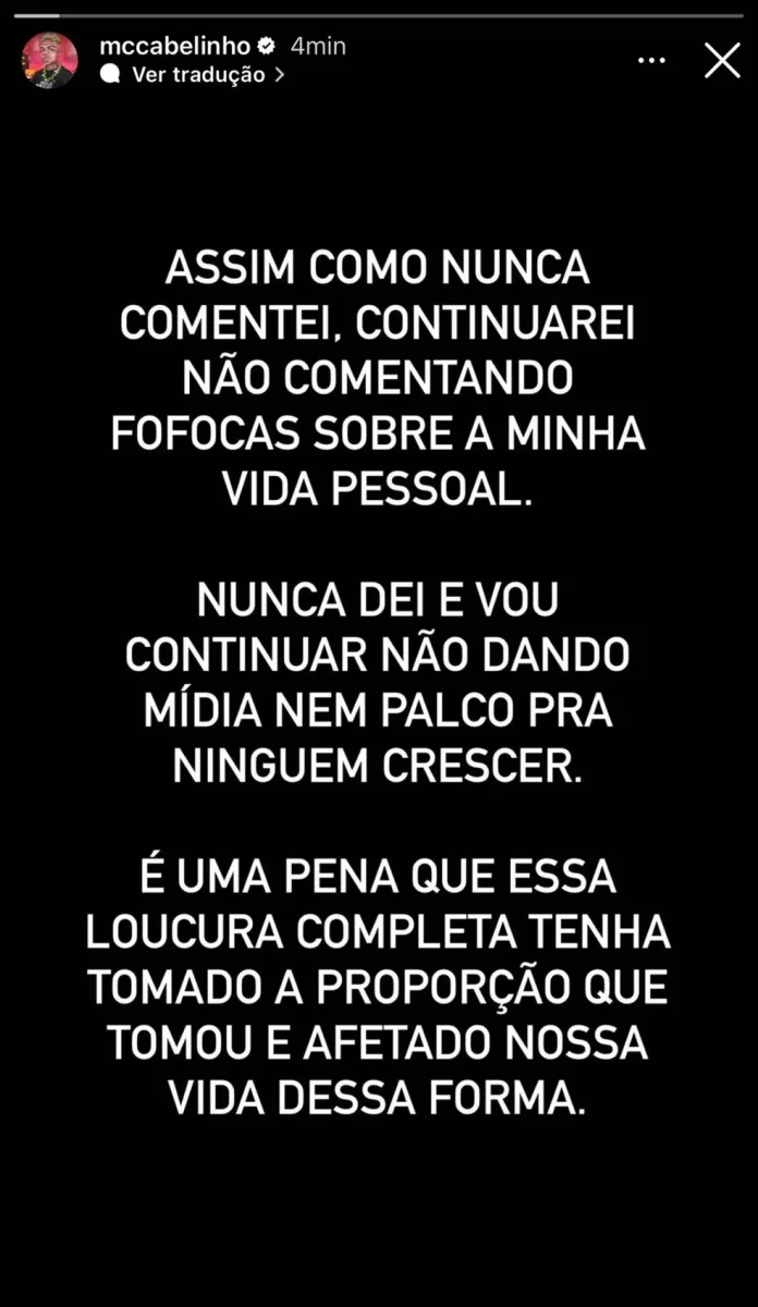 Nota de MC Cabelinho sobre o término com Bella Campos