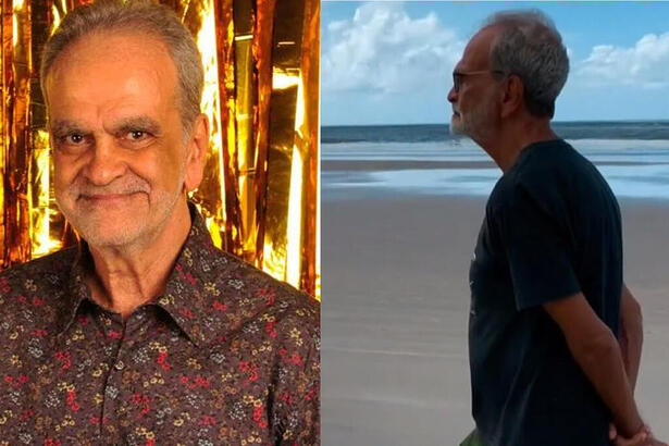 Maurício Kubrusly em uma foto posada e uma atual, caminhando na praia