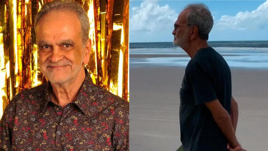 Maurício Kubrusly em uma foto posada e uma atual, caminhando na praia