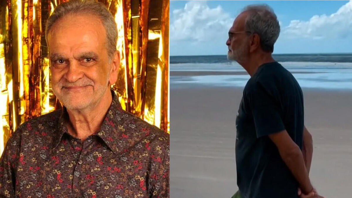 Maurício Kubrusly em uma foto posada e uma atual, caminhando na praia