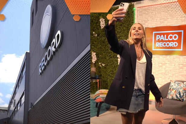 Montagem com a sede da Record Europa e Adriane Galisteu no cenário do Palco Record