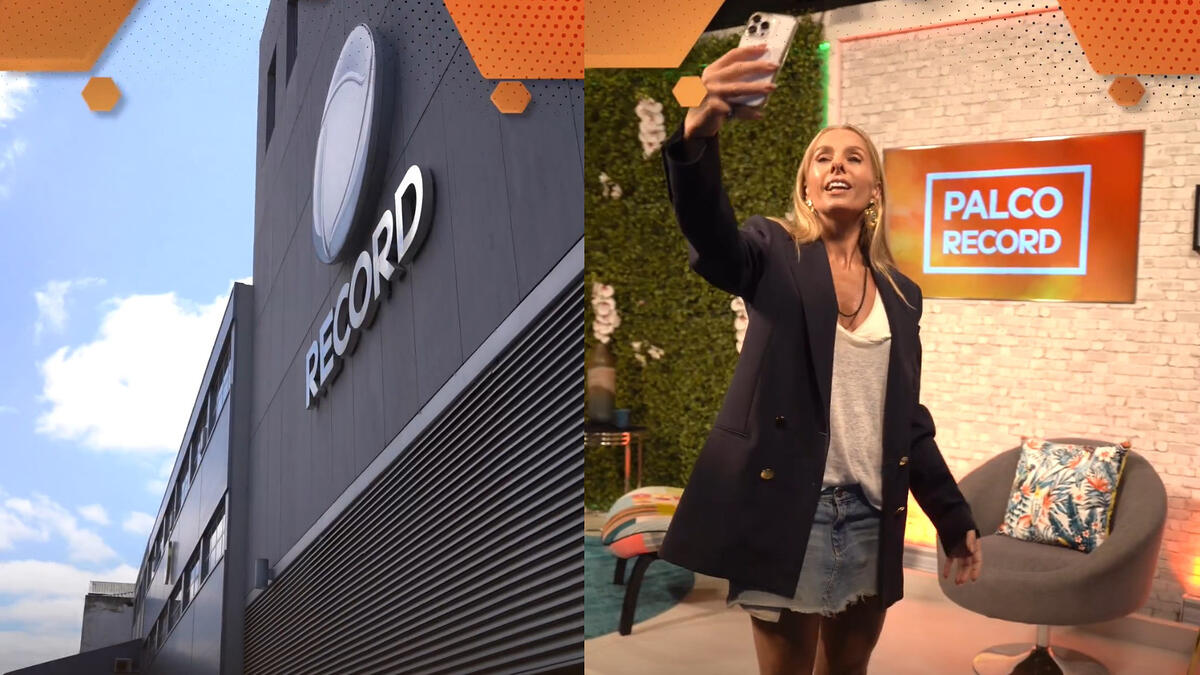 Montagem com a sede da Record Europa e Adriane Galisteu no cenário do Palco Record