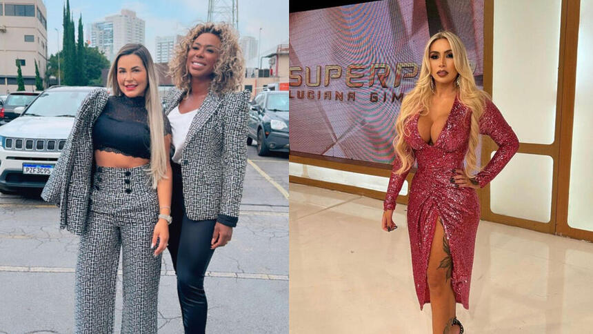 Deolane Bezerra e sua advogada Adélia Soares abraçadas no estacionamento da Record. Na segunda imagem Juju Ferrari, cotada para A Fazenda, aparece de vestido vermelho brilhoso