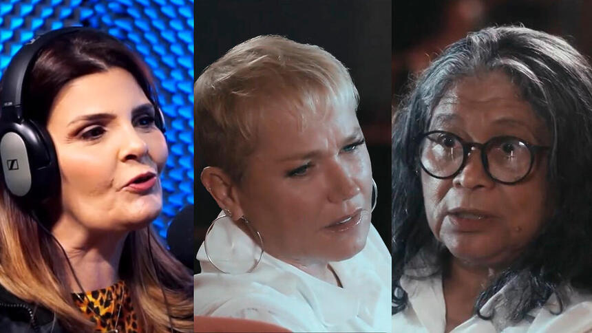 Montagem com Alessandra do Valle no podcast Tagarelando. Na segunda e terceira imagem, Xuxa e Marlene Mattos se olham no documentário do Globoplay