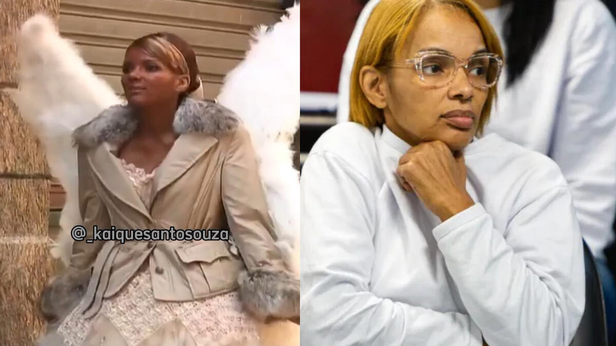 Flordelis vestida de anjo e na segunda imagem com roupa branca de prisão