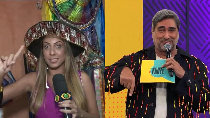 Repórter Bah Rodrigues segura o chapéu em link ao vivo direto do Maranhão, enquanto Zeca Camargo está no estúdio do Melhor da Noite