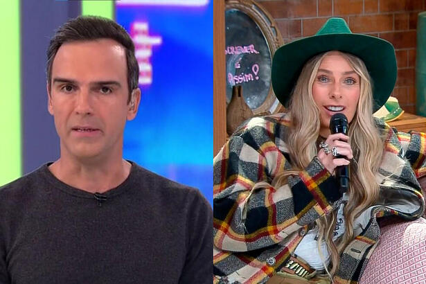 Tadeu Schmidt no cenário do BBB com camisa escura e semblante fechado. Na segunda imagem: Adriane Galisteu apresenta A Fazenda sentada no sofá e com um chapéu na cabeça