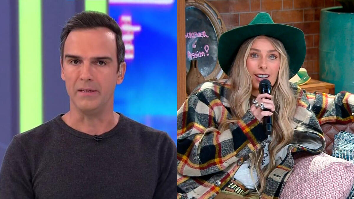 Tadeu Schmidt no cenário do BBB com camisa escura e semblante fechado. Na segunda imagem: Adriane Galisteu apresenta A Fazenda sentada no sofá e com um chapéu na cabeça
