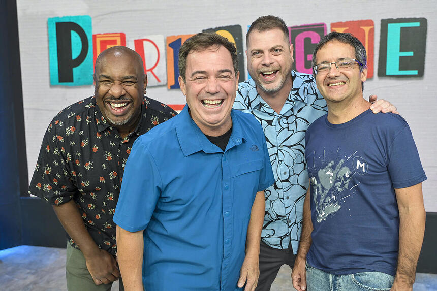 Angelo, Tatola, Dennys e Ricardinho, como elenco do Perrengue