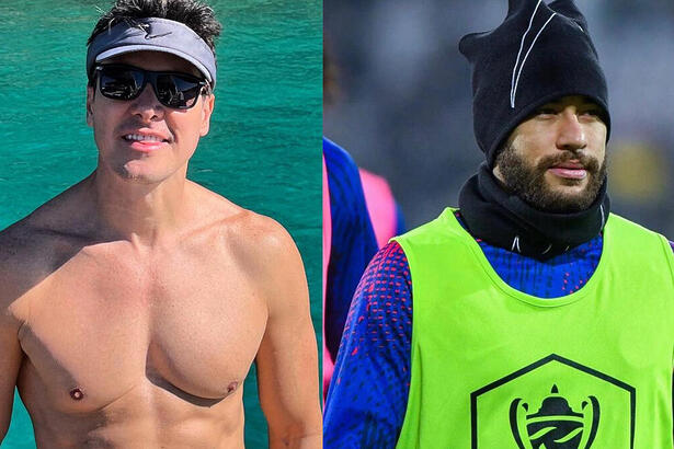 Rodrigo Faro, sem camisa, em montagem com Neymar uniformizado pelo PSG