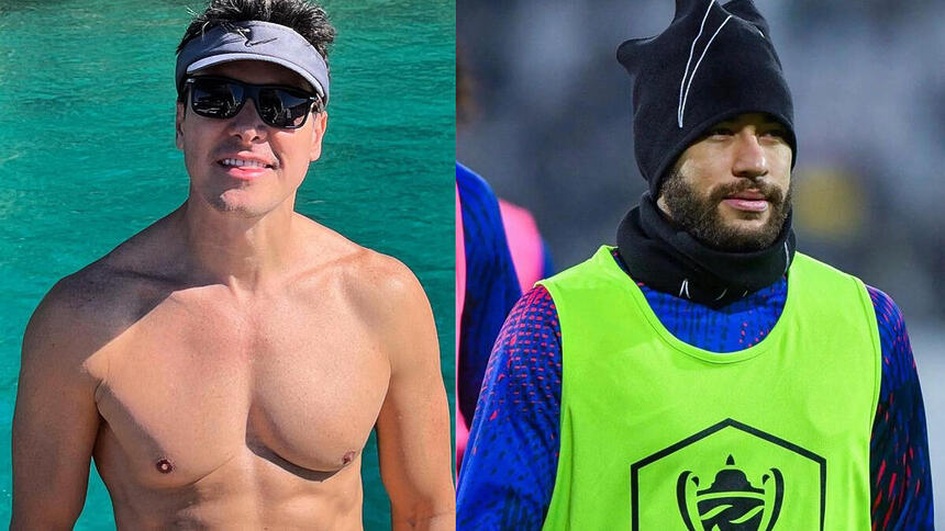 Rodrigo Faro, sem camisa, em montagem com Neymar uniformizado pelo PSG