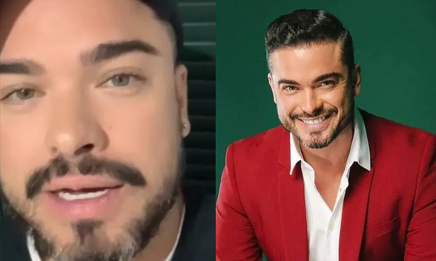 Imagem 1: print do rosto de Sidney Sampaio enquanto fala em vídeo; Imagem 2: Sidney Sampaio sorrindo, de blazer vermelho e camisa social branca, sentado, durante ensaio fotográfico