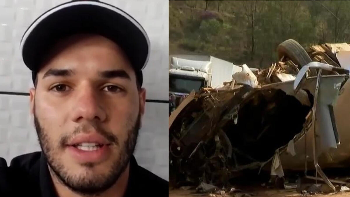 Marcus Cunha em depoimento no Encontro, em montagem com o ônibus todo destruído pós-acidente