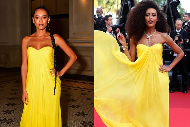 Imagem 1: Taís Araujo de vestido amarelo, de trança no cabelo, com semblante sério no Favela Gala; Imagem 2: Taís Araújo, com vestido amarelo, colar de brilhantes, cabelo solto e vestido voando