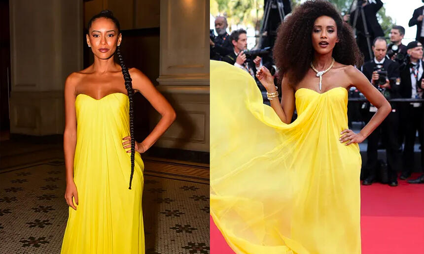 Imagem 1: Taís Araujo de vestido amarelo, de trança no cabelo, com semblante sério no Favela Gala; Imagem 2: Taís Araújo, com vestido amarelo, colar de brilhantes, cabelo solto e vestido voando